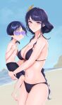  1boy 1girl aged_down beach bikini black_bikini black_male_swimwear braid braided_ponytail breasts carrying censored censored_gesture character_censor chipietsu cleavage closed_mouth day genshin_impact hair_ornament heart heart-shaped_eyewear highres large_breasts long_hair looking_at_viewer male_swimwear middle_finger mole mole_under_eye novelty_censor outdoors parted_lips purple_eyes purple_hair raiden_shogun scaramouche_(genshin_impact) sky sunglasses swimsuit topless_male very_long_hair 