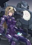  1girl armored_bodysuit blonde_hair blue_eyes bodysuit breasts character_request cockpit controller covered_navel covered_nipples fortified_suit highres impossible_bodysuit impossible_clothes joystick kurione_(zassou) long_hair looking_at_viewer mecha medium_breasts muv-luv muv-luv_alternative purple_bodysuit robot shiny_clothes 