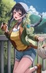  1girl :d badge bag belt black_hair blue_shorts blue_sky blurry blurry_background blush braid breasts brown_eyes brown_footwear can cleavage cloud commentary_request denim denim_shorts green_jacket highres holding holding_bag jacket large_breasts long_hair looking_at_viewer mountainous_horizon open_mouth outdoors raging_loop railing serizawa_chiemi shirt shorts sidelocks silvertsuki sky smile socks soda_can solo teeth tree upper_teeth_only white_socks yellow_shirt 