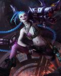  1girl :d arm_up bare_arms bare_shoulders belt black_belt black_gloves black_nails braid bullet bullet_necklace fingerless_gloves flat_chest gatling_gun gloves highres jinx_(league_of_legends) league_of_legends long_hair looking_at_viewer minigun nail_polish navel no_tattoo pink_eyes pink_lips pink_shorts pink_thighhighs rocket_launcher shoes shorts single_thighhigh smile solo teeth thighhighs twin_braids twintails very_long_hair weapon 
