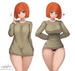  1girl artist_name black_panties breasts collarbone cslucaris english_commentary food french_fries grey_eyes grin groin heart highres large_breasts long_sleeves mature_female meme mother_(yoru_mac) mouth_hold multiple_views musical_note orange_hair pajamas_challenge_(meme) panties shirt short_hair simple_background smile taut_clothes taut_shirt thigh_gap thighs underwear white_background wide_hips yoru_mac 