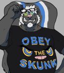  2019 5_fingers anthro azure_(bluedude) black_clothing black_shirt black_topwear claws clothing digital_media_(artwork) eyewear facial_hair fingers glasses goatee grey_background grey_body hair hyenaface hypnotic_eyes looking_at_viewer male mammal mephitid pink_nose shirt simple_background skunk slightly_chubby solo teeth topwear white_hair 