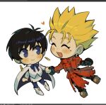  1boy 1girl black_gloves black_hair blonde_hair blue_eyes blush blush_stickers chibi coat couple earrings gloves heart hetero holding_hands jewelry lemoneto meryl_stryfe red_coat short_hair simple_background smile trigun vash_the_stampede white_background white_footwear 