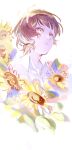  1boy absurdres bachira_meguru blue_lock collared_shirt commentary_request flower highres looking_afar male_focus open_collar open_mouth partial_commentary shirt short_hair solo sunflower white_background white_shirt yellow_eyes yune525neko 