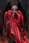  1girl bat_wings black_wings blue_eyes curly_hair dark_background demon demon_girl demon_wings evil_smile highres jewelry long_sleeves looking_at_viewer lucifer_morningstar red_robe ring robe short_hair sitting skull smile solo tanyalehoux the_sandman_(dc) white_hair wide_sleeves wings 