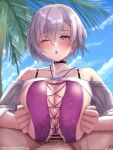  1boy 1girl :d ;o azur_lane bar_censor bikini black_choker blue_sky blurry blurry_background blush breasts breasts_squeezed_together censored choker cloud commission cum ear_piercing ejaculation hair_between_eyes hetero highres huge_breasts light_purple_hair male_pubic_hair off-shoulder_shirt off_shoulder official_alternate_costume one_eye_closed open_mouth outdoors paizuri palm_tree penis piercing pov pov_crotch projectile_cum pubic_hair purple_eyes purple_hair reno_(azur_lane) reno_(summer_spin-off)_(azur_lane) satou_aji shirt short_hair skeb_commission sky smile solo_focus swimsuit tree wet 