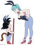  1boy 1girl animal_ears aqua_hair black_leotard blue_eyes blue_pantyhose bow bowtie breasts bulma crossdressing detached_collar dragon_ball dragon_ball_(classic) fake_animal_ears full_body hands_on_own_hips height_difference highres leaning_forward leotard long_hair medium_breasts monkey_tail pantyhose playboy_bunny rabbit_ears rabbit_tail red_bow red_bowtie red_footwear simple_background son_goku spiked_hair staff standing strapless strapless_leotard tail white_background wrist_cuffs yonezawa_mao 