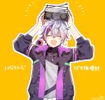  1boy :d ^_^ absurdres arms_up black_jacket blush_stickers closed_eyes commentary_request facing_viewer fuwa_minato grey_hair hair_between_eyes highres holding jacket long_sleeves male_focus multicolored_hair nijisanji open_clothes open_jacket orange_background outline puffy_long_sleeves puffy_sleeves purple_hair red_hair shirt signature simple_background smile sofra solo stereo streaked_hair translation_request twitter_username upper_body virtual_youtuber white_outline white_shirt 