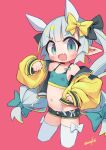  1girl :d artist_name bare_shoulders black_bow black_shorts blue_bow blue_eyes blue_sports_bra blush bow bow_legwear breasts collarbone commentary_request cropped_legs fang grey_hair hair_bow highres horns jacket long_hair long_sleeves looking_at_viewer micro_shorts midriff nanatsuta navel open_mouth original pointy_ears puffy_long_sleeves puffy_sleeves red_background shorts signature simple_background sleeves_past_wrists small_breasts smile solo sports_bra thighhighs twintails white_bow white_footwear white_thighhighs yellow_bow yellow_jacket 