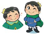  1boy black_eyes black_footwear black_hair blue_shirt blush bojji cape crown green_cape long_sleeves looking_at_viewer male_child male_focus mini_crown one_eye_closed ousama_ranking pants prince shirt short_hair standing white_pants yen0028 