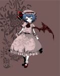  1girl ascot black_eyes blue_hair brown_background brown_wings closed_mouth collared_shirt colored_skin commentary_request demon_wings fang flat_chest frilled_skirt frilled_sleeves frills full_body hat hat_ribbon highres lastdark looking_at_viewer mary_janes medium_bangs mob_cap pink_headwear pink_shirt pink_skirt red_ascot red_footwear red_ribbon red_sash remilia_scarlet ribbon sash shirt shoes short_hair short_sleeves skirt skirt_set smile socks solo touhou white_skin white_socks wings wrist_cuffs 
