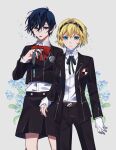  1boy 1girl aegis_(persona) aegis_(persona)_(cosplay) alternate_costume android belt belt_buckle black_hairband black_jacket black_pants black_ribbon black_skirt blonde_hair blue_eyes blue_flower blue_hair bow bowtie breasts brown_belt buckle cleavage cosplay costume_switch crossdressing elulit2 floral_background flower gekkoukan_high_school_uniform hairband highres holding_hands jacket long_sleeves looking_at_viewer neck_ribbon open_clothes open_jacket pants persona persona_3 red_bow red_bowtie ribbon school_uniform shirt short_hair skirt uniform white_shirt yuuki_makoto yuuki_makoto_(cosplay) 