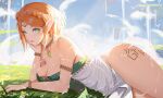  1girl armlet blonde_hair blue_sky braid breasts cleavage cowboy_shot crown_braid day dress green_eyes highres jewelry looking_at_viewer lying neorarty orange_hair outdoors parted_lips pointy_ears princess_zelda short_hair sky solo strapless strapless_dress the_legend_of_zelda the_legend_of_zelda:_tears_of_the_kingdom thighs 