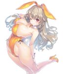  1girl :3 absurdres animal_ears bare_shoulders bow bowtie breasts bunny_(vocaloid) bunny_day cleavage closed_mouth covered_navel covered_nipples detached_collar fake_animal_ears fake_tail floating_hair from_above hair_between_eyes hand_on_own_thigh high_heels highleg highleg_leotard highres kiyama_satoshi komorebi_wanko large_breasts leaning_back leotard light_brown_hair long_hair looking_at_viewer one_eye_closed orange_bow orange_bowtie orange_footwear orange_leotard playboy_bunny rabbit_ears rabbit_tail red_eyes simple_background smile solo strapless strapless_leotard tail traditional_bowtie virtual_youtuber white_background wide_hips wrist_cuffs 