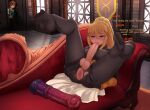  1boy 1girl anus autofellatio blonde_hair blue_eyes breasts brown_hair commission couch covered_nipples darkness_(konosuba) dildo english_text feet fellatio futanari hair_ornament horse_dildo indoors kono_subarashii_sekai_ni_shukufuku_wo! large_breasts long_hair masturbation on_couch open_mouth oral pantyhose penis penis_out ponytail saliva satou_kazuma seraziel sex_toy smile soles testicles toes torn_clothes torn_pantyhose voyeurism x_hair_ornament 