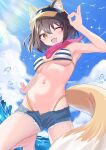  1girl :d absurdres animal_ear_fluff animal_ears armpits barefoot beru3 bikini bird blue_archive blue_sky blush breasts brown_hair cloud commentary covered_nipples day denim denim_shorts eyelashes fang fox_ears fox_girl fox_shadow_puppet fox_tail from_below hair_between_eyes hand_up happy highres izuna_(blue_archive) izuna_(swimsuit)_(blue_archive) kneeling light_rays looking_at_viewer medium_breasts medium_hair micro_shorts navel ocean one_eye_closed open_mouth outdoors seagull shorts skin_fang sky smile solo sparkle stomach striped striped_bikini sunbeam sunlight swimsuit tail visor_cap water_drop yellow_eyes 