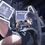  1girl anis_(nikke) bags_under_eyes black_choker black_hair black_nails blue_eyes chair choker crossed_legs exia_(nikke) feet game_cg game_controller_print gaming_chair goddess_of_victory:_nikke hair_between_eyes handheld_game_console headphones headset holding holding_handheld_game_console jacket long_hair nail_polish neon_(nikke) non-web_source off_shoulder official_art open_clothes open_jacket playing_games rapi_(nikke) shirt sidelocks sitting solo swivel_chair thighs white_jacket white_shirt 