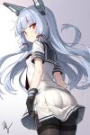  artist_request ass black_gloves black_pantyhose breasts fingerless_gloves gloves headgear highres kantai_collection long_hair looking_back murakumo_(kancolle) orange_eyes pantyhose small_breasts smile white_hair 