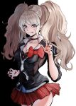  1girl black_background black_choker black_necktie black_shirt blue_eyes bow breasts choker cleavage collarbone danganronpa:_trigger_happy_havoc danganronpa_(series) enoshima_junko facial_mark hair_ornament hand_up highres large_breasts long_hair miniskirt nail_polish necktie no_hair_ornament noname_(user_wkpu7848) plaid plaid_skirt red_bow red_nails red_skirt shirt skirt smile solo tongue tongue_out twintails two-tone_background whisker_markings white_background white_necktie 