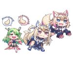  3girls :3 :d animal_ear_fluff animal_ears black_jacket blue_eyes blue_hair ceres_fauna ceres_fauna_(1st_costume) chasing chibi closed_mouth dog_ears dog_girl dog_tail dress fishnet_thighhighs fishnets flower fur-trimmed_jacket fur_trim fuwawa_abyssgard green_dress hair_flower hair_ornament hairpin headphones headphones_around_neck highres hololive hololive_english jacket long_hair medium_hair mococo_abyssgard multicolored_hair multiple_girls open_mouth pink_eyes pink_hair shirt siblings single_thighhigh sisters smile streaked_hair tail thighhighs todome twins virtual_youtuber white_shirt white_thighhighs x_hair_ornament 