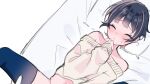  1boy :&lt; black_hair blue_thighhighs blush closed_eyes closed_mouth cropped facing_viewer highres indie_virtual_youtuber long_sleeves lying male_focus moenaomii moenaomii_(artist) navel off-shoulder_sweater off_shoulder on_back on_bed paid_reward_available pillow pink_hair short_hair simple_background sleeves_past_wrists solo spread_legs sweater thighhighs upper_body virtual_youtuber white_background 