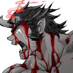  1boy bara blood blood_on_face broken_horn crying demon_boy demon_horns facial_hair facing_away fang horns large_pectorals long_sideburns male_focus mature_male mugi_(pixiv_187163) muscular muscular_male no_pupils nue open_mouth pectorals red_theme short_hair shouting sideburns solo spot_color stubble takemaru_(housamo) thick_eyebrows tokyo_afterschool_summoners 