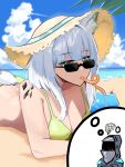  1girl 1other animal_ears arknights bare_shoulders beach bikini blue_sky blunt_bangs blush breasts bright_pupils cat_ears cat_girl cat_tail chibi cleavage cup day doctor_(arknights) drink drinking_glass drinking_straw green_bikini green_eyes grey_hair hat highres kal&#039;tsit_(arknights) large_breasts long_hair looking_at_viewer lying mask on_stomach oripathy_lesion_(arknights) outdoors sky straw_hat sunglasses swimsuit tail thought_bubble tofudofu yellow_headwear 