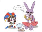  1boy 1girl :c brown_hair cake colored_sclera commentary_request crossed_legs cup english_text food haep0510 hat heterochromia highres holding holding_cup jax_(the_amazing_digital_circus) jester jester_cap korean_commentary pale_skin pomni_(the_amazing_digital_circus) rabbit simple_background sitting teacup teapot the_amazing_digital_circus white_background yellow_sclera 