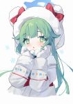  1girl absurdres blue_archive blush bow breath coat gloves green_eyes green_hair halo highres hood hood_up hooded_coat long_hair long_sleeves looking_at_viewer measho momiji_(blue_archive) parted_lips red_bow simple_background snowflakes solo upper_body very_long_hair white_background white_coat white_gloves 