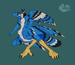  2023 4_toes 5_fingers avian avian_taur beak biped biped_taur bird bird_taur black_body black_claws black_feathers black_finger_claws black_toe_claws blue_body blue_feathers blue_jay blue_jay_taur chest_tuft claws corvid digital_drawing_(artwork) digital_media_(artwork) digitigrade dipstick_feathers feathered_wings feathers feet finger_claws fingers flat_shading glistening green_background green_eyes hand_on_hip hi_res inner_ear_fluff jay_(bird) looking_at_viewer male markings multicolored_body multicolored_feathers new_world_jay nika_vizard nude_male nude_taur oscine passerine simple_background solo spread_wings tail_feathers taur toe_claws toes tuft watermark white_body white_feathers wings yellow_beak yellow_body yellow_legs yellow_skin 