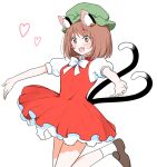  1girl :d adapted_costume animal_ear_fluff animal_ear_piercing animal_ears arms_up blush bob_cut bow bowtie breasts brown_eyes brown_hair cat_ears cat_tail chen commentary_request dress earrings eyelashes green_headwear hat heart highres jewelry knees_together_feet_apart medium_hair mob_cap multiple_tails nekomata open_mouth outstretched_arms puffy_short_sleeves puffy_sleeves red_dress shiisuu_rattamu short_sleeves simple_background single_earring small_breasts smile solo standing standing_on_one_leg tail teeth touhou two_tails upper_teeth_only white_background white_bow white_bowtie 