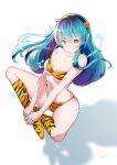  1girl absurdres animal_print bikini blue_hair breasts cleavage electricity fur_bikini highres horns itou_kazuki long_hair looking_at_viewer lum medium_breasts oni oni_horns print_bikini print_footwear solo strapless strapless_bikini swimsuit tiger_print underboob urusei_yatsura yellow_bikini yellow_eyes 