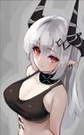  1girl arknights bare_shoulders blush breasts cleavage closed_mouth commentary_request ear_piercing grey_background grey_hair hair_between_eyes hige_qr horns large_breasts long_hair looking_at_viewer mudrock_(arknights) piercing pointy_ears red_eyes smile solo upper_body very_long_hair 