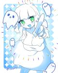  akira_(meltyhip) breasts cleavage ghost green_eyes highres large_breasts medium_hair monster_girl open_mouth pointing pointing_at_viewer shirt signature slime_girl smile white_hair white_shirt 