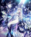  1girl aqua_eyes aqua_hair bare_shoulders black_gloves bodysuit breasts cosmetics covered_navel diamond_master_(shadowverse_flame) floating gem gloves highres jewelry lee_hyeseung light_rays lips lipstick long_hair looking_at_viewer makeup medium_breasts official_art pink_lips shadowverse shadowverse_flame skin_tight smile solo staff white_bodysuit 