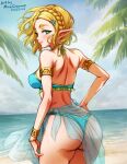  1girl ass back bikini blonde_hair blue_bikini blush braid breasts from_behind green_eyes hair_ornament hairclip looking_at_viewer looking_back mina_cream pointy_ears princess_zelda short_hair sidelocks smile solo swimsuit the_legend_of_zelda the_legend_of_zelda:_tears_of_the_kingdom thighs 