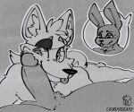  anthro bonnie_(fnaf) canid canine devfoxnsfw duo five_nights_at_freddy&#039;s fox foxy_(fnaf) frottage fur genitals lagomorph leporid looking_at_viewer male male/male mammal monochrome penis rabbit scott_cawthon scottgames sex simple_background smile smiling_at_viewer tongue tongue_out 
