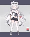  1girl ahoge animal_ear_fluff animal_ears black_shorts cat_ears cat_girl coat full_body grey_background grey_eyes grey_hair hairband highres long_hair luckyeldayo navel off_shoulder open_clothes open_coat original shirt shoes short_shorts shorts simple_background sleeveless sleeveless_shirt sleeves_past_wrists solo thighhighs thighs white_coat white_footwear white_shirt white_thighhighs 