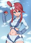  1girl :d abs blue_eyes blue_gloves blue_jacket blue_shorts breasts cloud commentary_request cowboy_shot cropped_jacket day gloves hair_ornament hand_on_own_hip hand_up highres holding holding_poke_ball jacket looking_at_viewer navel one_side_up open_mouth outdoors poke_ball pokemon pokemon_(game) pokemon_bw raimu_(clanberry000) red_hair short_hair_with_long_locks short_shorts shorts sidelocks sky skyla_(pokemon) smile solo teeth tongue upper_teeth_only 