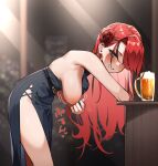  1girl armpits asymmetrical_bangs beer_mug black_dress blurry blurry_background blush breasts cup dress flashing hair_bun highres inverted_nipples lain_paterson lain_paterson_(4th_costume) large_breasts looking_at_viewer looking_to_the_side mm_(mm_chair) motion_lines mug nijisanji nipples red_eyes ribbed_dress sagging_breasts side_slit single_side_bun sleeveless sleeveless_dress smile solo virtual_youtuber 