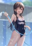  ;d absurdres bare_arms bare_shoulders black_one-piece_swimsuit blurry blurry_background breasts brown_hair collarbone commentary competition_school_swimsuit covered_navel cowboy_shot depth_of_field empty_pool highres holding holding_hose hose isshokuitaru lens_flare long_hair looking_at_viewer one-piece_swimsuit one_eye_closed open_mouth orange_eyes original pool school_swimsuit signature small_breasts smile sparkle swimsuit very_long_hair water 