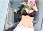  1girl black_bra blue_jacket blurry blurry_foreground boko_(girls_und_panzer) bow bow_bra bra breasts brown_hair cellphone cleavage clothes_lift commentary_request depth_of_field dutch_angle facing_viewer girls_und_panzer green_shirt heart highres holding holding_phone indoors jacket kabutowari lace lace-trimmed_bra lace_bra lace_trim lifted_by_self long_sleeves medium_breasts military_uniform mirror navel nishizumi_miho ooarai_military_uniform open_clothes open_jacket open_mouth opened_by_self phone pleated_skirt selfie shirt shirt_lift short_hair skirt smartphone smile solo standing steam sweat translation_request underwear uniform urinal white_skirt 