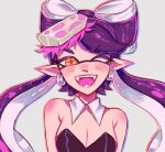  +_- 1girl armpit_crease black_hair breasts callie_(splatoon) cleavage earrings fangs highres jewelry large_breasts long_hair multicolored_hair one_eye_closed pink_hair pointy_ears ruinique simple_background smile solo splatoon_(series) splatoon_1 teeth white_background yellow_eyes 