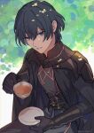  1boy armor black_armor black_cape black_gloves blue_eyes byleth_(fire_emblem) byleth_(male)_(fire_emblem) cape cup fire_emblem fire_emblem:_three_houses gloves green_hair highres holding holding_cup looking_at_viewer short_hair sitting tree_shade un_tapoi 