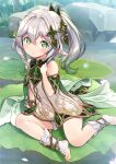  1girl absurdres arm_support bloomers blush bracelet braid cape cross-shaped_pupils day detached_sleeves dress genshin_impact gold_trim gradient_hair green_cape green_eyes green_hair green_sleeves grey_hair hair_between_eyes hair_ornament highres jewelry leaf_hair_ornament lily_pad long_hair looking_at_viewer multicolored_hair nahida_(genshin_impact) outdoors pointy_ears rock side_braid side_ponytail sitting solo stirrup_footwear symbol-shaped_pupils tenkuu_nozora toeless_footwear toes underwear water white_bloomers white_dress white_footwear 