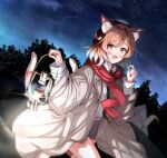  1girl :d absurdres animal_ears arknights beret black_headwear blush brown_eyes brown_hair brown_jacket brown_skirt cat_ears cat_girl cat_tail collared_shirt commentary_request emimeku fang hands_up hat highres holding holding_lantern jacket lantern looking_at_viewer mousse_(arknights) multiple_tails night night_sky open_clothes open_jacket outdoors red_scarf scarf shirt skirt sky smile solo star_(sky) starry_sky tail two_tails white_shirt 