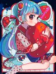  1girl blue_dress blue_hair blush cherry_earrings closed_mouth commentary dress earrings food food-themed_earrings food-themed_hair_ornament from_side fruit hair_ornament hair_ribbon holding holding_food holding_fruit hugging_object jewelry light_smile long_hair looking_at_viewer looking_to_the_side multicolored_clothes multicolored_dress nagomi_(_nagomi_) nail_polish original outside_border oversized_food oversized_object polka_dot_socks puffy_short_sleeves puffy_sleeves red_dress red_eyes red_nails red_ribbon ribbon short_sleeves sitting socks solo strawberry strawberry_hair_ornament symbol-only_commentary twintails wariza white_background wrist_cuffs 