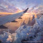  airplane_wing artist_name cloud cloudy_sky commentary dawn english_commentary english_text highres no_humans original outdoors scenery signature sky watermark xilmo 