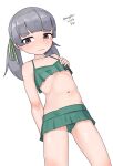  1girl absurdres bikini bikini_skirt blunt_bangs cosplay dated feet_out_of_frame flat_chest green_bikini grey_hair highres kantai_collection kasumi_(kancolle) kasumi_(kancolle)_(cosplay) long_hair maru_(marg0613) navel one-hour_drawing_challenge ooshio_(kancolle) purple_eyes simple_background solo swimsuit twintails twitter_username white_background 