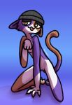  anthro beanie bodily_fluids claws clothing digital_media_(artwork) domestic_cat eledensfw epic_games felid feline felis female fortnite fur genitals half-closed_eyes hat headgear headwear kneeling looking_at_viewer mammal meow_skulls_(fortnite) multicolored_body multicolored_fur narrowed_eyes nipples noseless nude paw_pose pose pussy simple_background slender_body slim smile solo tail toe_claws tomboy tongue tongue_out yellow_eyes 